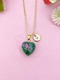 Ruby in Zoisite Heart Charm Gold Necklace, Natural Ruby in Zoisite Gemstone Jewelry, N6266