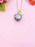 Black Stone Heart Charm Gold Necklace, Natural Black Stone Gemstone Jewelry, N6269