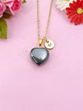 Black Stone Heart Charm Gold Necklace, Natural Black Stone Gemstone Jewelry, N6269