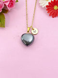 Black Stone Heart Charm Gold Necklace, Natural Black Stone Gemstone Jewelry, N6269
