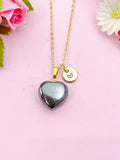 Black Stone Heart Charm Gold Necklace, Natural Black Stone Gemstone Jewelry, N6269