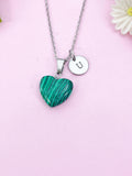 Malachite Heart Charm Silver Necklace, Synthetic Malachite Gemstone Jewelry, N6270