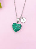 Malachite Heart Charm Silver Necklace, Synthetic Malachite Gemstone Jewelry, N6270
