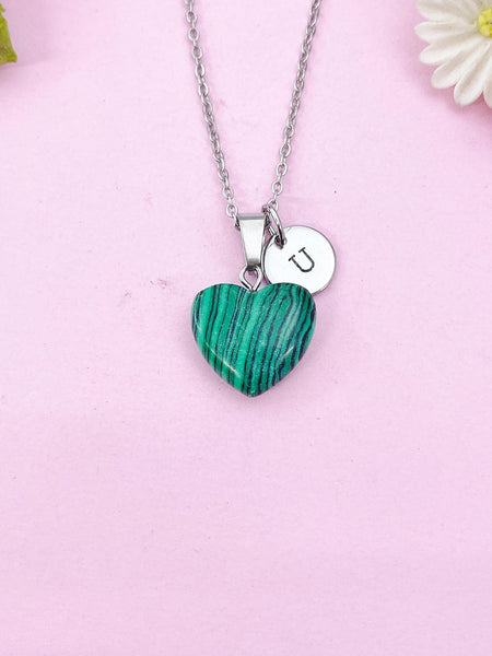 Malachite Heart Charm Silver Necklace, Synthetic Malachite Gemstone Jewelry, N6270
