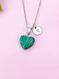 Malachite Heart Charm Silver Necklace, Synthetic Malachite Gemstone Jewelry, N6270