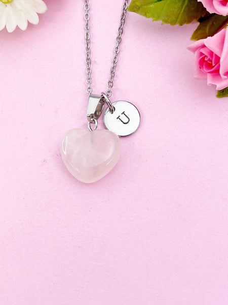Rose Quartz Heart Charm Silver Necklace, Natural Rose Quartz Gemstone Jewelry, N6271