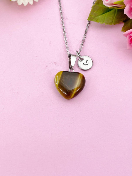Tiger Eye Heart Charm Silver Necklace, Natural Tiger Eye Gemstone Jewelry, N6273