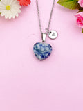Blue Spot Jasper Heart Charm Silver Necklace, Natural Blue Spot Jasper Gemstone Jewelry, N6274