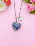 Blue Spot Jasper Heart Charm Silver Necklace, Natural Blue Spot Jasper Gemstone Jewelry, N6274