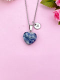 Blue Spot Jasper Heart Charm Silver Necklace, Natural Blue Spot Jasper Gemstone Jewelry, N6274