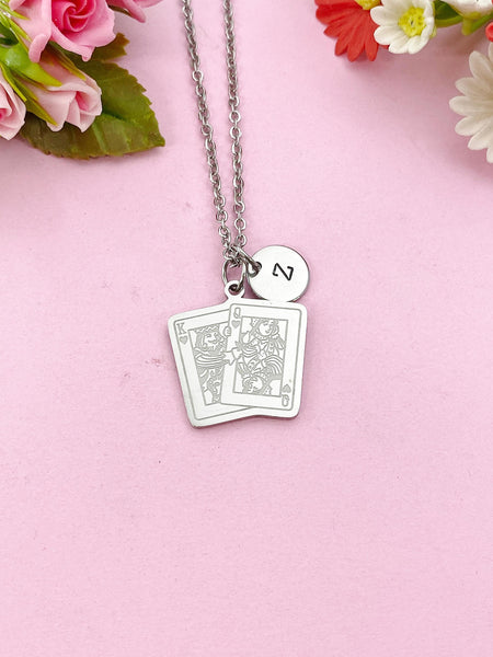 King Queen Play Card Charm Necklace, Tarnish Resistant Stainless Steel Poker Play Card Pendants, N6287
