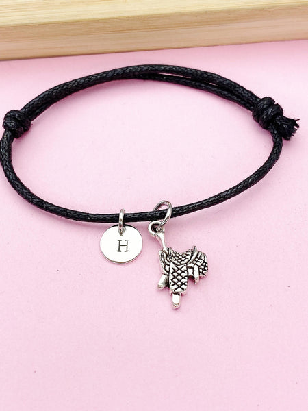 Saddle Charm Adjustable Waxed Cord Bracelet, Horse Saddle Jewelry, N6197L