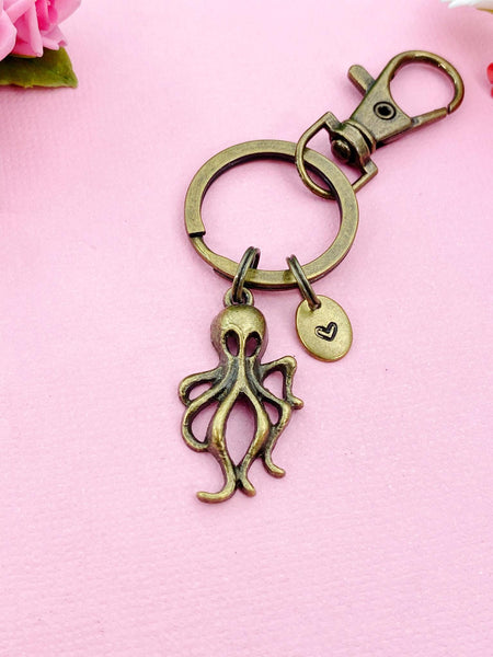 Bronze Octopus Charm Keychain, Silver in Option, Ocean Sea Fish Charm, N2573