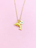 Gold Dolphin Necklace, Dolphin Fish Ocean Charm, Personized Initial Necklace, N5092G