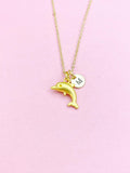 Gold Dolphin Necklace, Dolphin Fish Ocean Charm, Personized Initial Necklace, N5092G