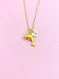 Gold Dolphin Necklace, Dolphin Fish Ocean Charm, Personized Initial Necklace, N5092G