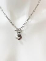 Silver Moon Pearl Charm Necklace, Paperclip Chains with Toggle Clasp, N6099