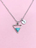 Triangle Turquoise Charm Necklace, Silver Geometric Pendant, Personalized Initial