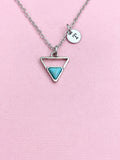 Triangle Turquoise Charm Necklace, Silver Geometric Pendant, Personalized Initial