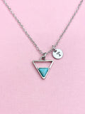 Triangle Turquoise Charm Necklace, Silver Geometric Pendant, Personalized Initial
