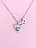 Triangle Turquoise Charm Necklace, Silver Geometric Pendant, Personalized Initial