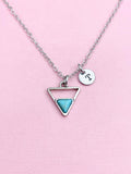 Triangle Turquoise Charm Necklace, Silver Geometric Pendant, Personalized Initial