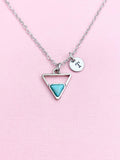 Triangle Turquoise Charm Necklace, Silver Geometric Pendant, Personalized Initial