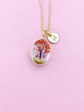 Gold Tree of Life Necklace, Red Pressed Flower, Personalized Initial Charm, N2353