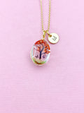 Gold Tree of Life Necklace, Red Pressed Flower, Personalized Initial Charm, N2353