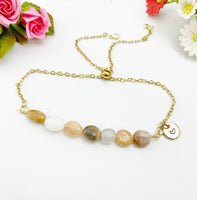 Moonstone Bracelet, Gold Natural Multi Moonstone Gemstone Jewelry, Necklace Option, N6311