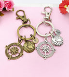 Compass Globe World Charm Keychain ,Silver or Bronze Optional , N1123A