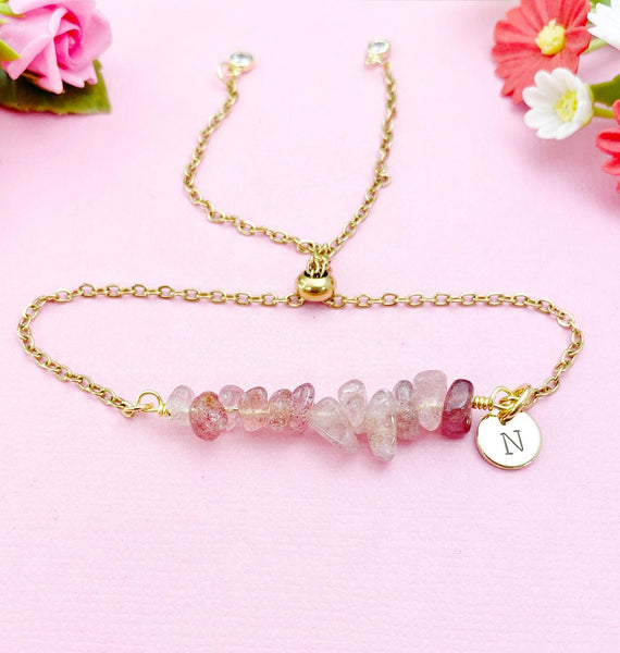 Strawberry Quartz Bracelet in Silver or Gold, Natural Strawberry Quartz Gemstone Jewelry, N6120B