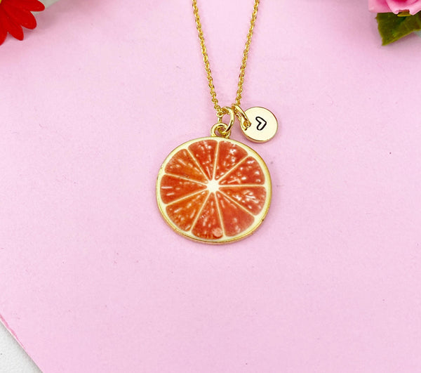 Grapefruit Slice Charm Gold Necklace, Orange Red Fruit Jewelry, N6152