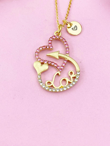 Arrow Heart with Love Charm Gold Necklace, Pink Gold, Heart Jewelry, N6162