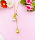 Crown with Lily of Vally Bell Flower Charm Gold Necklace, N6177