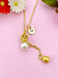 Crown with Lily of Vally Bell Flower Charm Gold Necklace, N6177