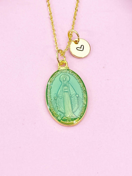 Miraculous Mary Charm Gold Necklace, Green Mint, N6187A