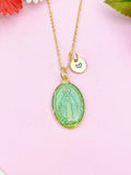 Miraculous Mary Charm Gold Necklace, Green Mint, N6187A
