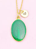 Miraculous Mary Charm Gold Necklace, Green Enamel, N6187D