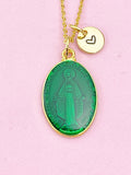 Miraculous Mary Charm Gold Necklace, Green Enamel, N6187D
