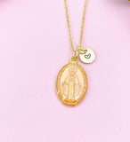 Miraculous Mary Charm Gold Necklace, Pink Orange Enamel, N6187F