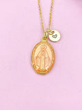 Miraculous Mary Charm Gold Necklace, Pink Orange Enamel, N6187F