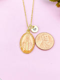 Miraculous Mary Charm Gold Necklace, Pink Orange Enamel, N6187F