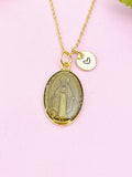 Miraculous Mary Charm Gold Necklace, Black Gray Enamel, N6187E
