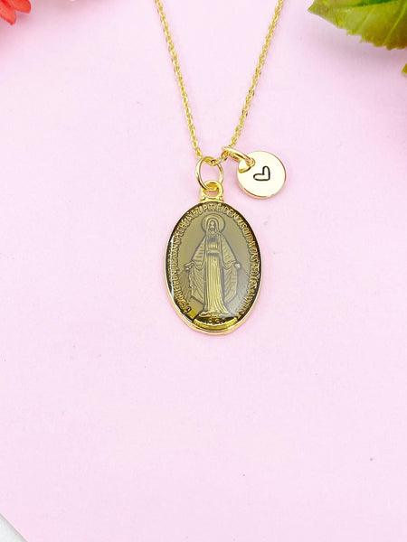 Miraculous Mary Charm Gold Necklace, Black Gray Enamel, N6187E