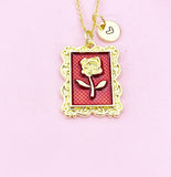 Rose Charm Gold Necklace, Rose Flower Red Enamel, N6188