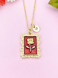 Rose Charm Gold Necklace, Rose Flower Red Enamel, N6188