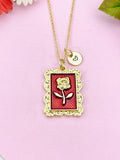 Rose Charm Gold Necklace, Rose Flower Red Enamel, N6188