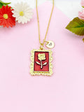 Rose Charm Gold Necklace, Rose Flower Red Enamel, N6188