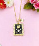 Rose Charm Gold Necklace, Rose Flower Black Enamel, N6189